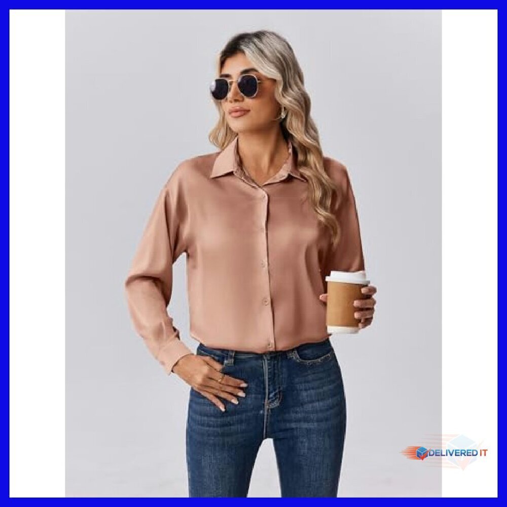 Long Sleeve Satin Button Down Blouse - Business Casual Fall Top - Picture 6 of 8